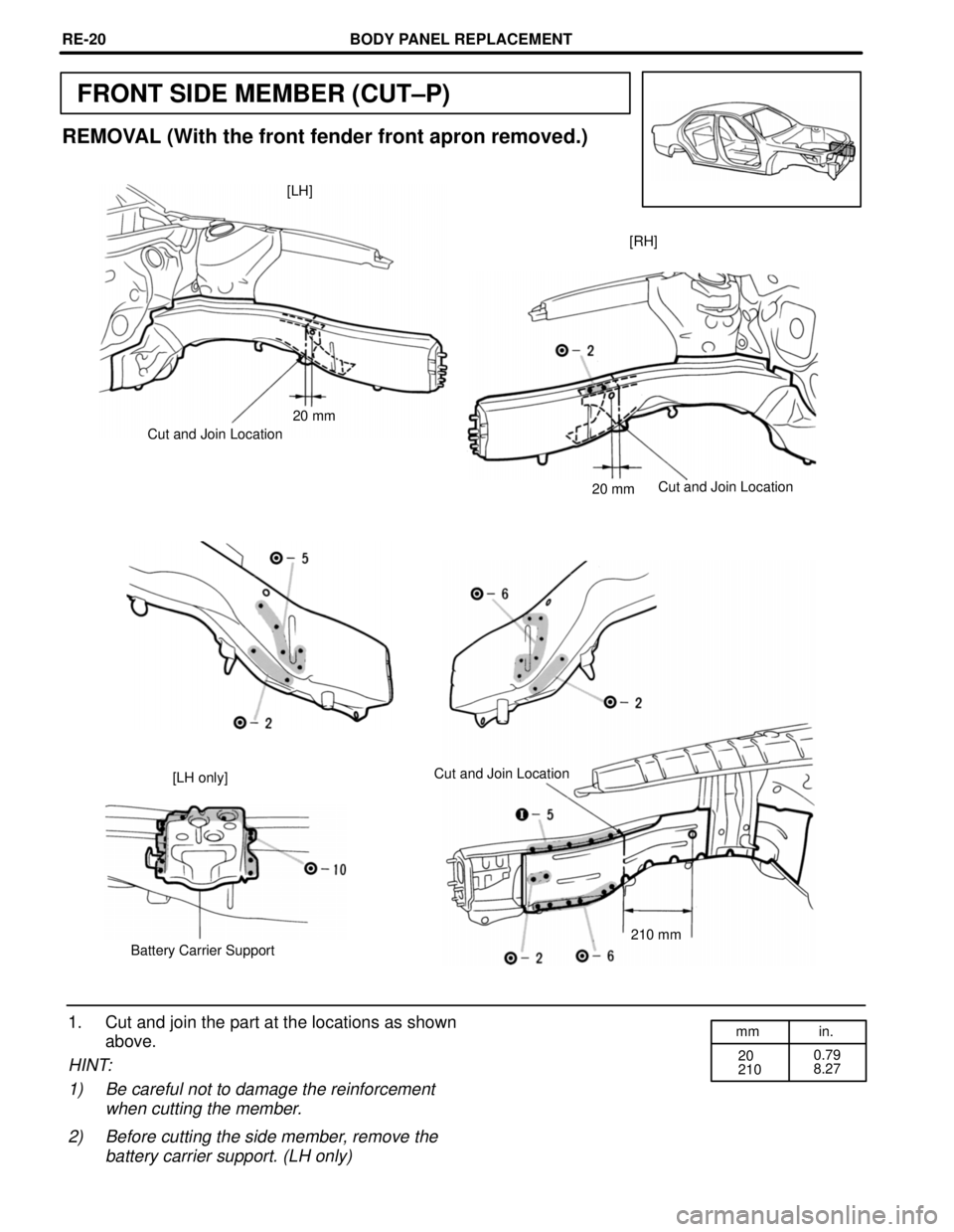 TOYOTA CAMRY 2000  Service Repair Manual mm in.
20
2100.79
8.27
FRONT SIDE MEMBER (CUT±P)
20 mm
REMOVAL (With the front fender front apron removed.)
[LH]
[RH]
20 mm
Cut and Join Location
Cut and Join Location
Cut and Join Location
[LH only]