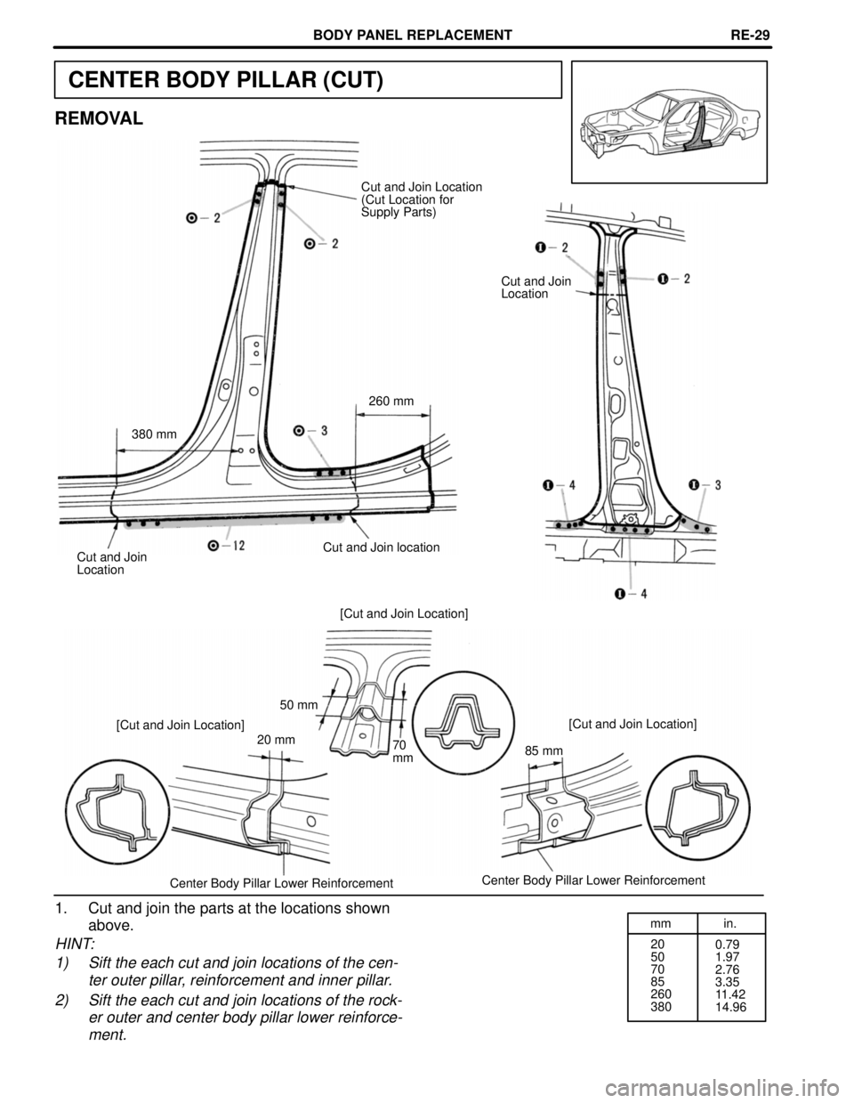 TOYOTA CAMRY 2000  Service Repair Manual mm in.
20
50
70
85
260
3800.79
1.97
2.76
3.35
11.42
14.96
CENTER BODY PILLAR (CUT)
REMOVAL
Cut and Join Location
(Cut Location for
Supply Parts)
Cut and Join
Location
260 mm
380 mm
Cut and Join locati