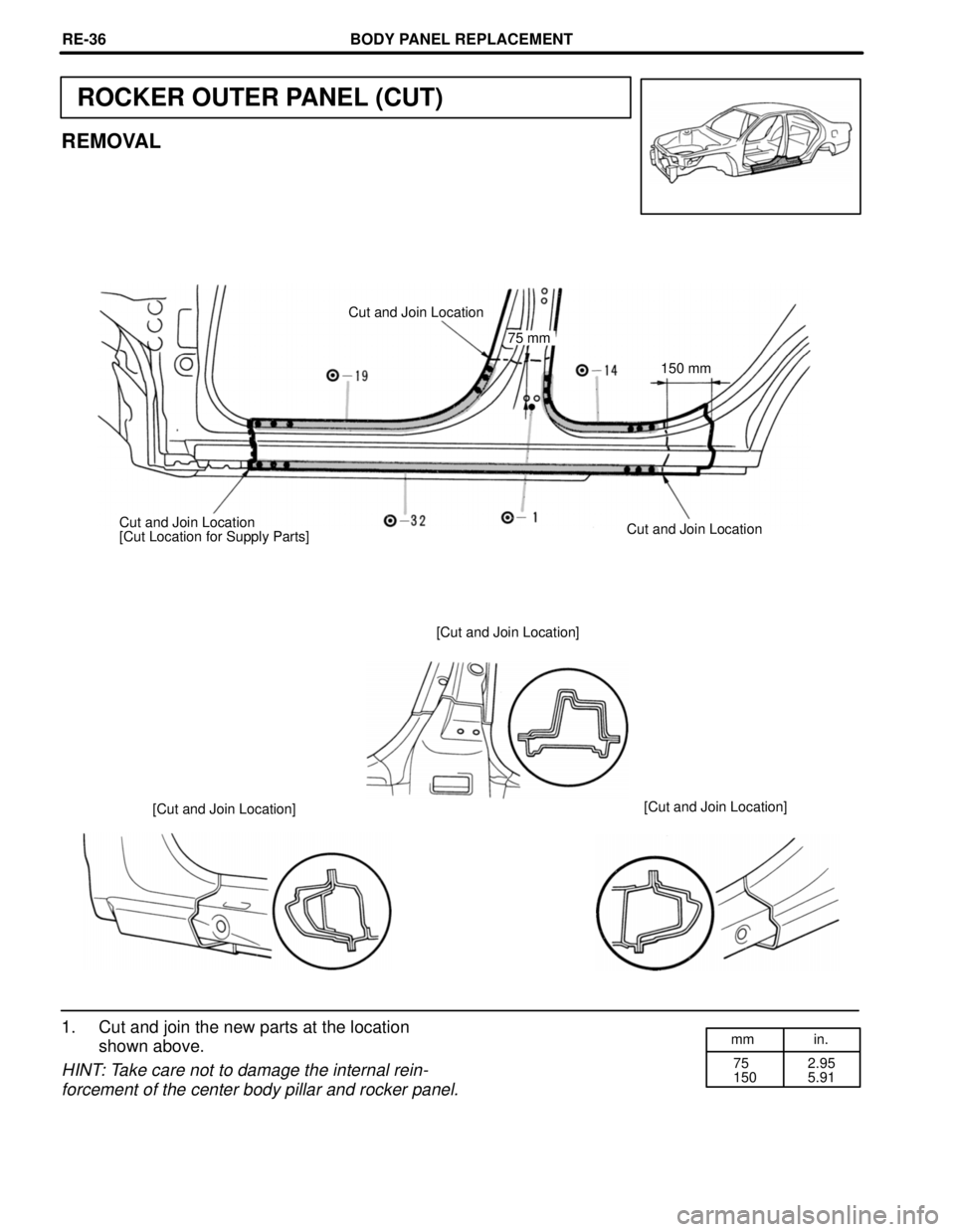 TOYOTA CAMRY 2000  Service Repair Manual mm in.
75
1502.95
5.91
ROCKER OUTER PANEL (CUT)
REMOVAL
Cut and Join Location
75 mm
150 mm
Cut and Join Location Cut and Join Location
[Cut Location for Supply Parts]
[Cut and Join Location]
[Cut and 