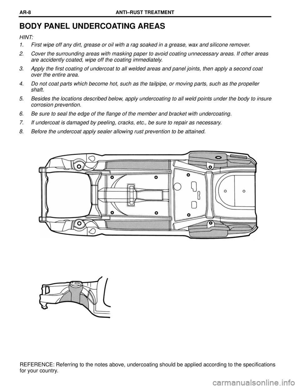 TOYOTA CAMRY 2000 Service Repair Manual BODY PANEL UNDERCOATING AREAS
HINT:
1. First wipe off any dirt, grease or oil with a rag soaked in a grease, wax and silicone remover.
2. Cover the surrounding areas with masking paper to avoid coatin TOYOTA CAMRY 2000 Service Repair Manual BODY PANEL UNDERCOATING AREAS
HINT:
1. First wipe off any dirt, grease or oil with a rag soaked in a grease, wax and silicone remover.
2. Cover the surrounding areas with masking paper to avoid coatin
