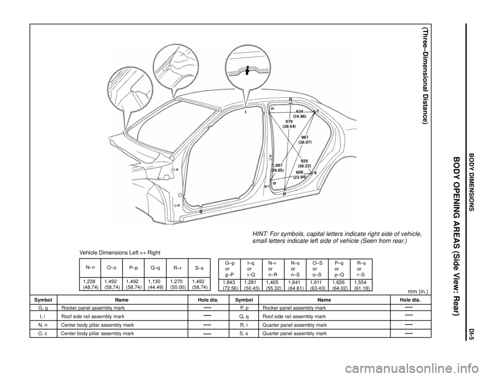 TOYOTA CAMRY 2000  Service Repair Manual N±n
1,238
(48.74)O±o
1,492
(58,74)P±p
1,492
(58.74)
Vehicle Dimensions Left e Right
Q±q
1,130
(44.49)R±r
1,270
(50.00)S±s
1,492
(58.74)1,843
(72.56)G±p
or
g±PI±q
or
i±Q
1,281
(50.43)1,405
(5