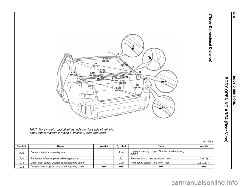 TOYOTA CAMRY 2000  Service Repair Manual HINT: For symbols, capital letters indicate right side of vehicle,
small letters indicate left side of vehicle (Seen from rear).
(Three±Dimensional Distance)
mm (in.)
Hole dia.
7 (0.28)
9.5 (0.374) N