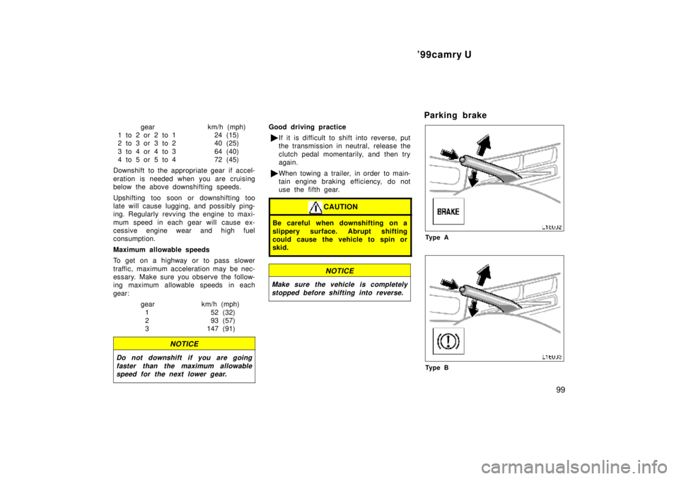 TOYOTA CAMRY 2000  Service Repair Manual 99camry U
99
gear km/h (mph)
1 to 2 or 2 to 1 24 (15)
2 to 3 or 3 to 2 40 (25)
3 to 4 or 4 to 3 64 (40)
4 to 5 or 5 to 4 72 (45)
Downshift to the appropriate gear if accel-
eration is needed when you