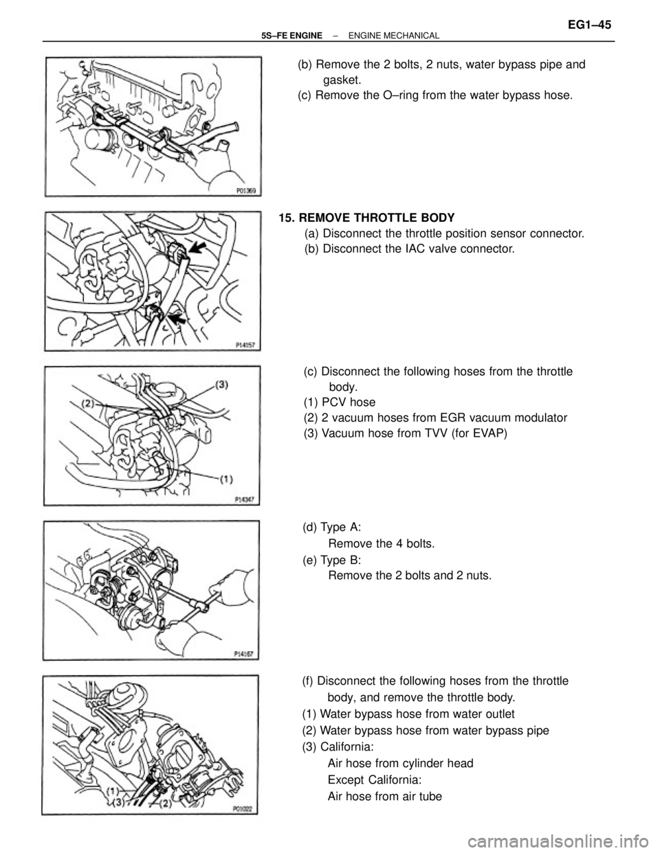 TOYOTA CAMRY 2000  Service Owners Manual (f) Disconnect the following hoses from the throttle
body, and remove the throttle body.
(1) Water bypass hose from water outlet
(2) Water bypass hose from water bypass pipe
(3) California:
Air hose f