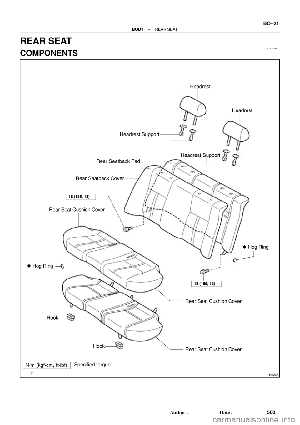 TOYOTA CAMRY 1999  Service Repair Manual BO2DV±02
H09268
Headrest SupportHeadrest
Headrest
Rear Seatback Pad
Rear Seatback Cover
Rear Seat Cushion Cover
 Hog Ring
HookRear Seat Cushion Cover Headrest Support
Hook
Rear Seat Cushion Cover
18