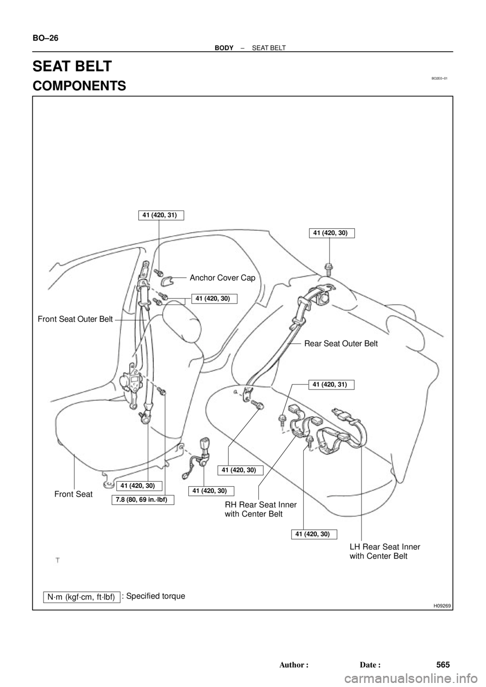 TOYOTA CAMRY 1999  Service Repair Manual BO2E0±01
H09269
Anchor Cover Cap
Front Seat Outer Belt
Rear Seat Outer Belt
41 (420, 30)
LH Rear Seat Inner 
with Center Belt Front Seat
RH Rear Seat Inner 
with Center Belt
41 (420, 31)
41 (420, 30)