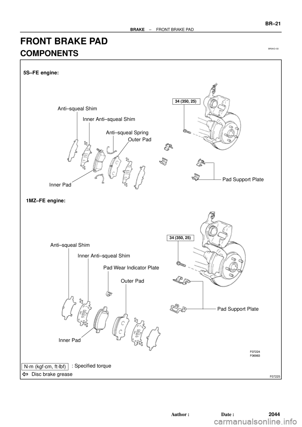 TOYOTA CAMRY 1999  Service Repair Manual BR0AO±03
F06983F07224
F07225
Anti±squeal Shim
Inner Anti±squeal Shim
Anti±squeal Spring
Pad Support Plate
Inner PadOuter Pad
1MZ±FE engine: 5S±FE engine:
Anti±squeal Shim
Inner Anti±squeal Shi
