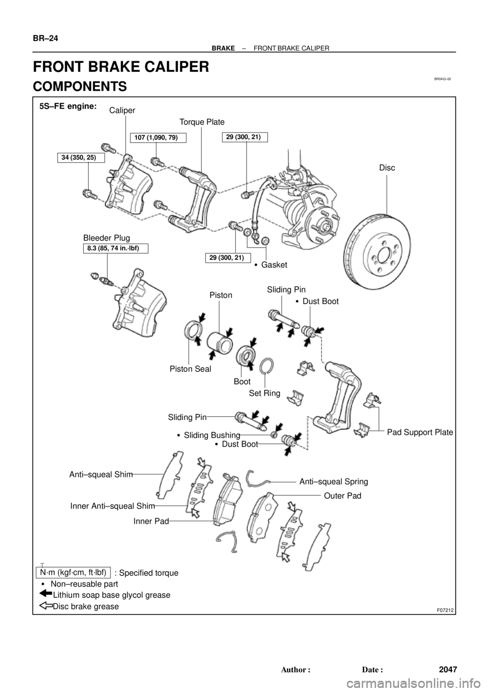 TOYOTA CAMRY 1999  Service Repair Manual BR0AQ±02
F07212
Caliper
Torque Plate
Disc
Gasket
Piston
Piston SealSliding Pin
Dust Boot
Pad Support Plate Sliding Pin
Sliding Bushing
Dust Boot
Anti±squeal Spring
Outer Pad Anti±squeal Shim
In