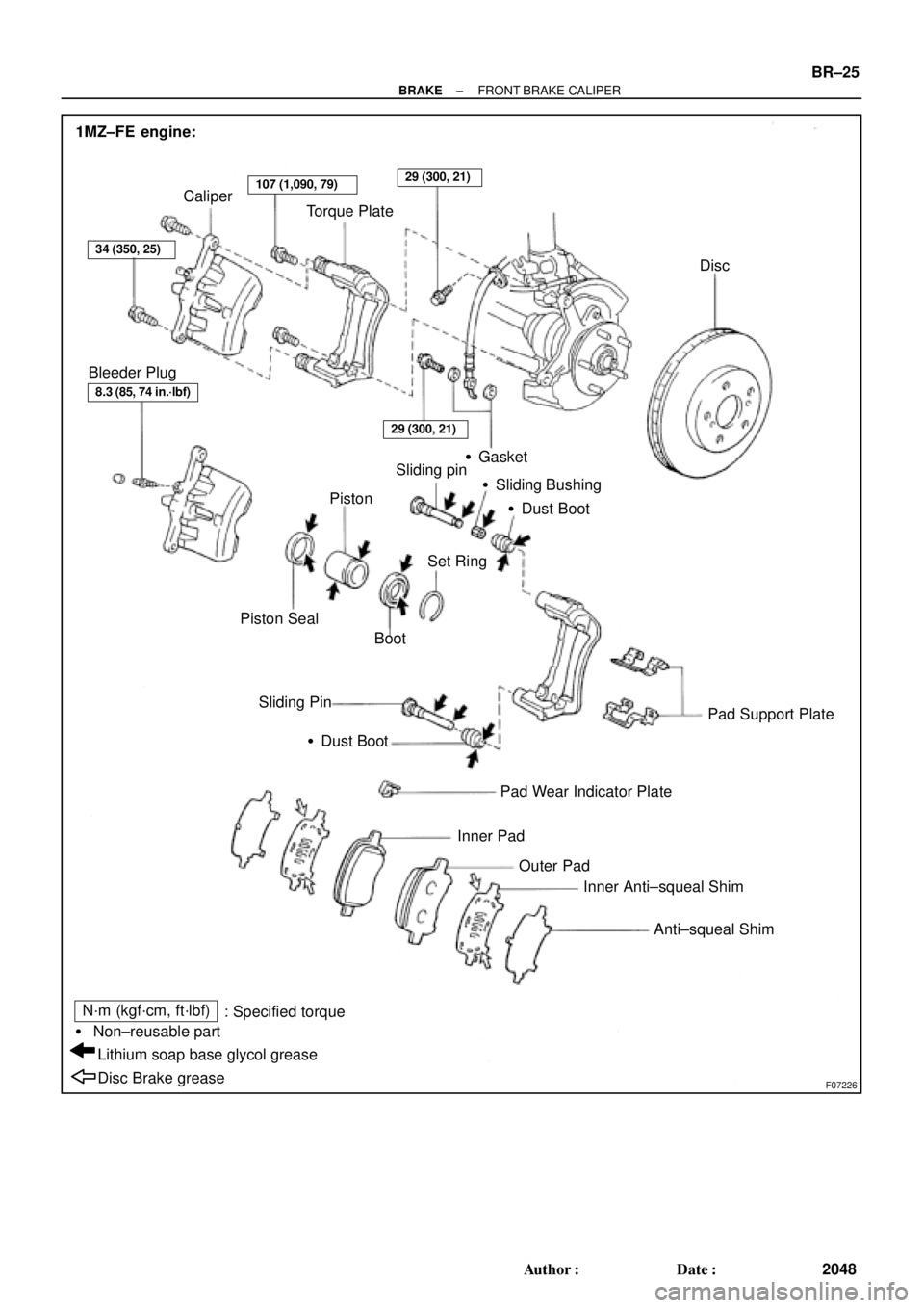 TOYOTA CAMRY 1999  Service Repair Manual F07226
1MZ±FE engine:
Caliper
Torque Plate
Disc
PistonSliding pin
Sliding Bushing
Dust Boot
Pad Support Plate Sliding Pin
Dust Boot
Pad Wear Indicator Plate
Inner Pad Piston Seal
BootSet Ring
Oute