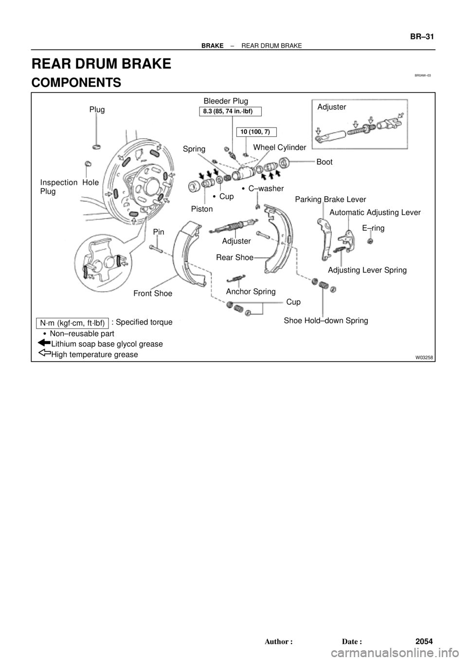 TOYOTA CAMRY 1999  Service Repair Manual BR0AW±03
W03258
Plug
SpringWheel Cylinder
BootAdjuster
Cup
PistonC±washer Inspection Hole
Plug
Pin
Front Shoe
Cup
Shoe Hold±down Spring Adjuster
Rear Shoe
Anchor SpringParking Brake Lever
Automat