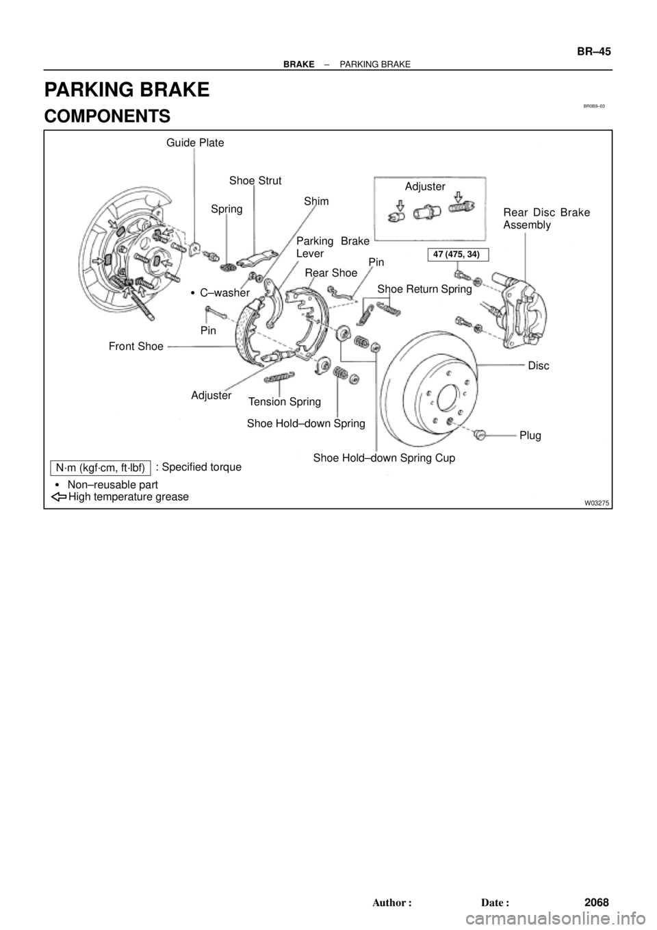 TOYOTA CAMRY 1999  Service Repair Manual BR0B8±03
W03275
Guide Plate
SpringShoe Strut
ShimAdjuster
Rear Disc Brake
Assembly
Disc
Plug Pin
Shoe Return Spring Rear Shoe Parking Brake
Lever
C±washer
Pin
Front Shoe
Adjuster
Tension Spring
Sho