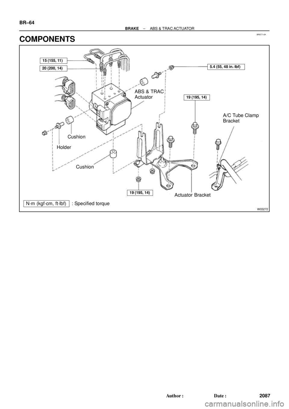 TOYOTA CAMRY 1999  Service Repair Manual BR077±04
W03272
Cushion
HolderABS & TRAC
Actuator
A/C Tube Clamp
Bracket
Actuator Bracket
15 (155, 11)
5.4 (55, 48 in.´lbf)
19 (195, 14)
N´m (kgf´cm, ft´lbf) : Specified torque
19 (195, 14)
Cushi