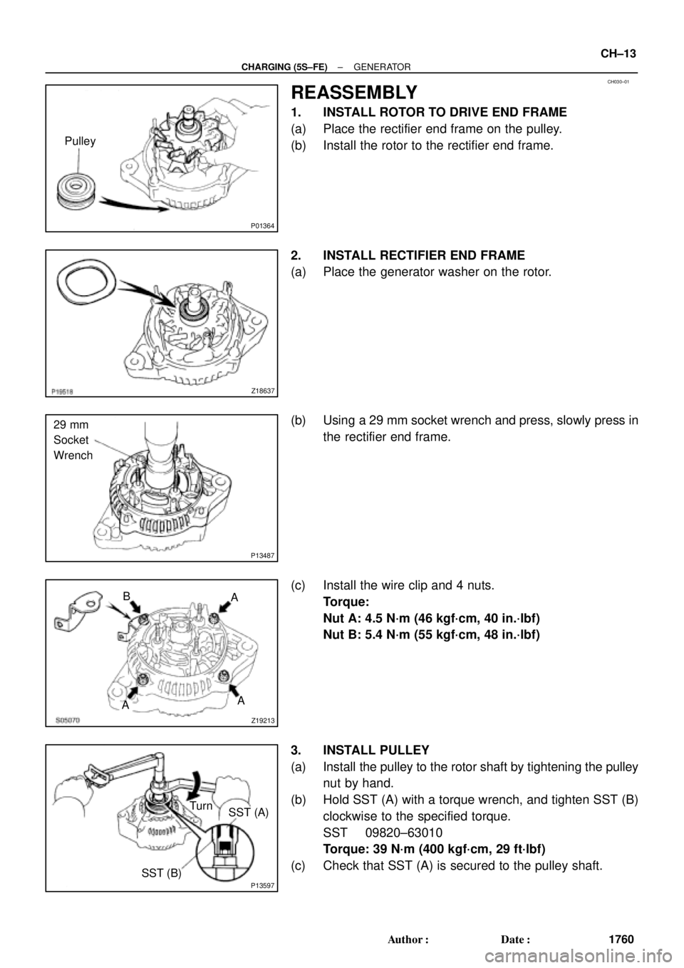 TOYOTA CAMRY 1999  Service Repair Manual CH030±01
P01364
Pulley
Z18637
P13487
29 mm
Socket
Wrench
Z19213
A B
AA
P13597
SST (A) Turn
SST (B)
± CHARGING (5S±FE)GENERATOR
CH±13
1760 Author: Date:
REASSEMBLY
1. INSTALL ROTOR TO DRIVE END F