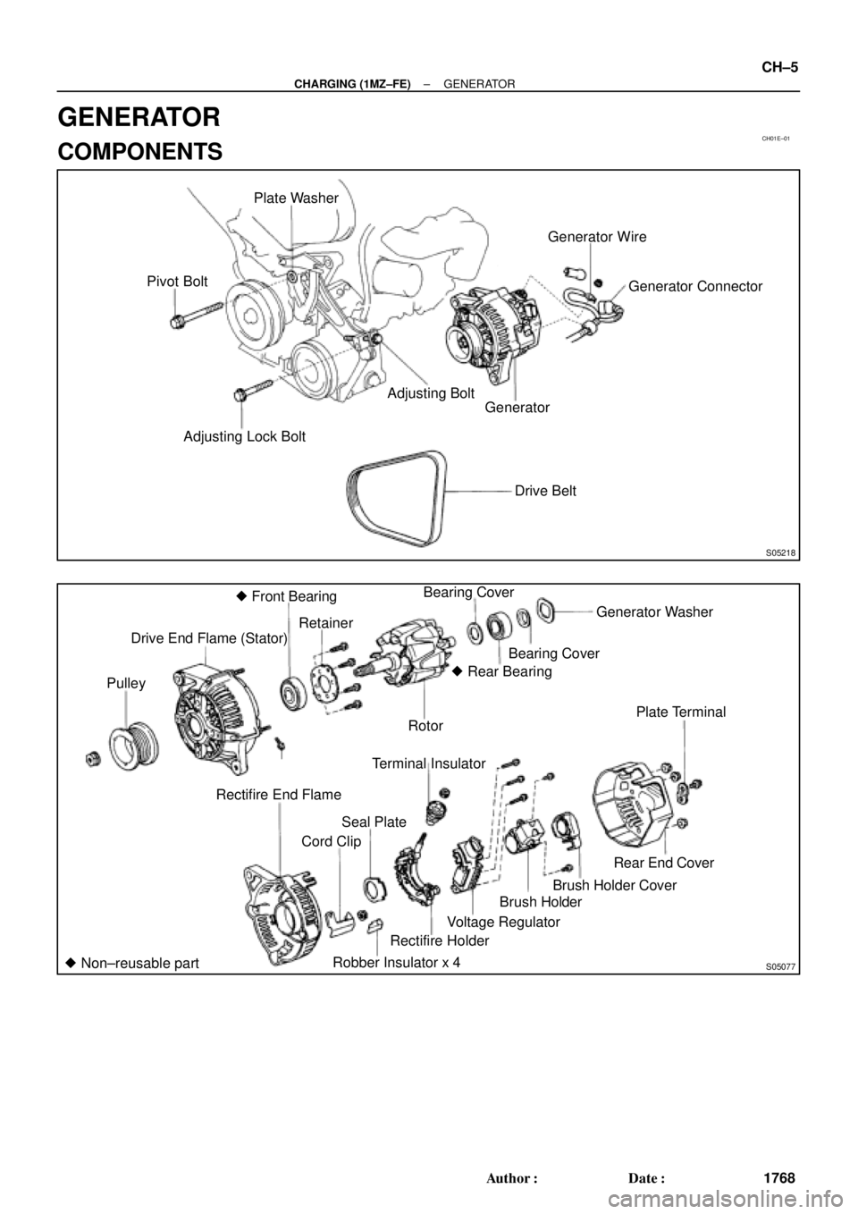 TOYOTA CAMRY 1999  Service Repair Manual CH01E±01
S05218
Pivot BoltPlate Washer
Adjusting Lock BoltAdjusting Bolt
GeneratorGenerator Wire
Generator Connector
Drive Belt
S05077
PulleyDrive End Flame (Stator) Front Bearing
Retainer
RotorBear