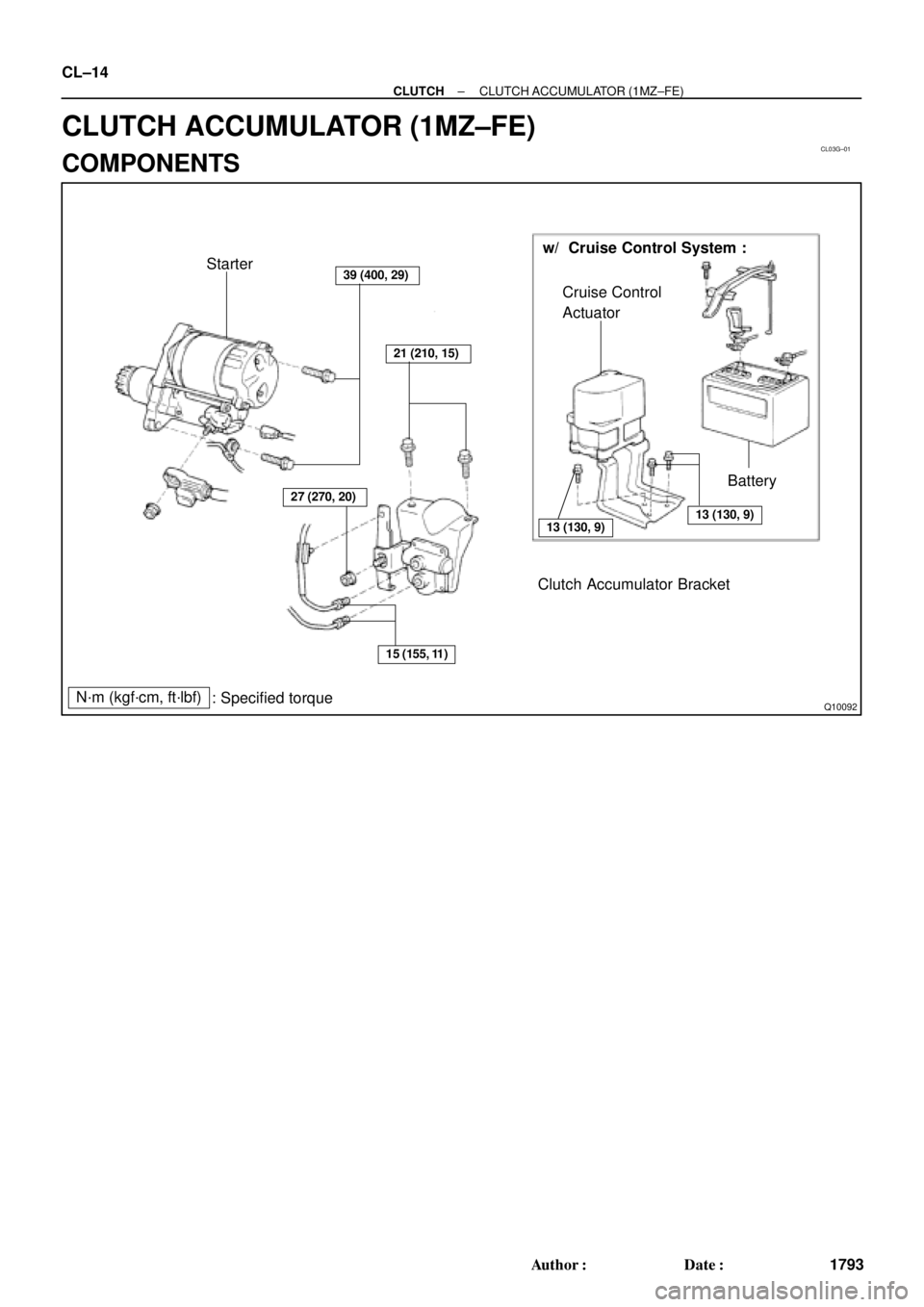 TOYOTA CAMRY 1999  Service Repair Manual CL03G±01
Q10092
Starter
21 (210, 15)
39 (400, 29)
13 (130, 9)13 (130, 9)
Clutch Accumulator Bracket
N´m (kgf´cm, ft´lbf)
: Specified torqueCruise Control
Actuator
Battery w/  Cruise Control System