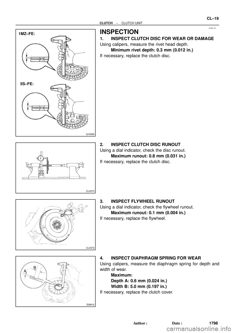TOYOTA CAMRY 1999  Service Repair Manual CL03L±01
Q10090
1MZ±FE:
5S±FE:
CL0373
CL0372
Z09915
AB
± CLUTCHCLUTCH UNIT
CL±19
1798 Author: Date:
INSPECTION
1. INSPECT CLUTCH DISC FOR WEAR OR DAMAGE
Using calipers, measure the rivet head d