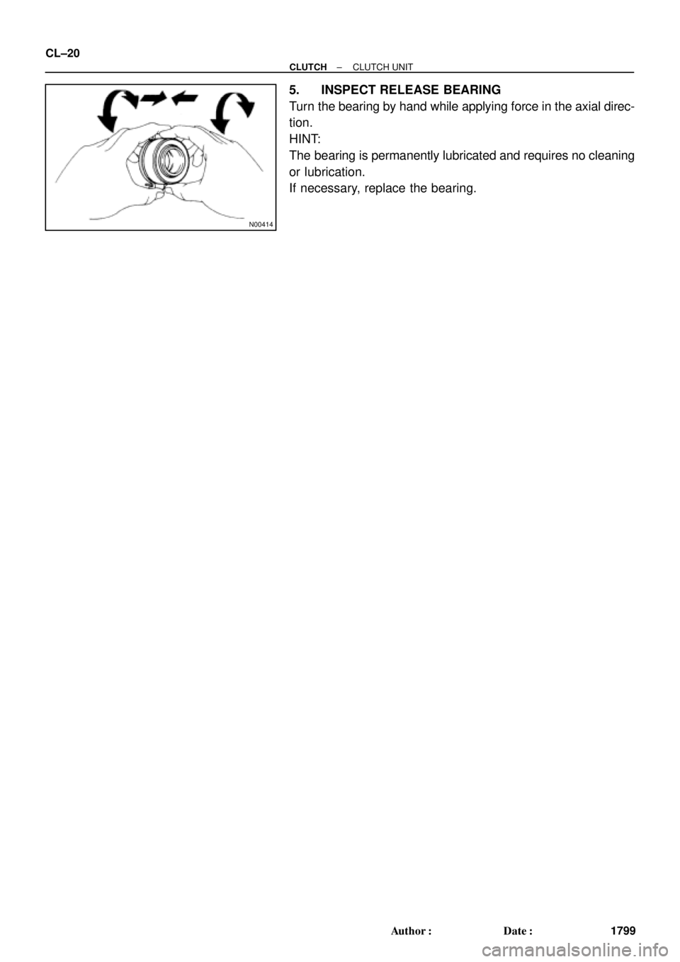 TOYOTA CAMRY 1999  Service Repair Manual N00414
CL±20
± CLUTCHCLUTCH UNIT
1799 Author: Date:
5. INSPECT RELEASE BEARING
Turn the bearing by hand while applying force in the axial direc-
tion.
HINT:
The bearing is permanently lubricated a