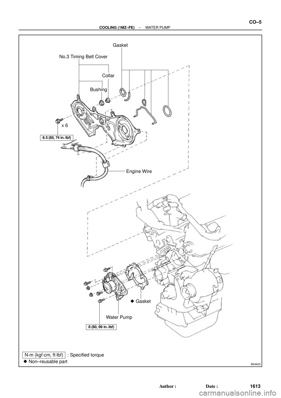 TOYOTA CAMRY 1999  Service Repair Manual B04403 Non±reusable partNo.3 Timing Belt CoverGasket
Collar
Bushing
Water Pump Gasket Engine Wire x 6
N´m (kgf´cm, ft´lbf) : Specified torque
8.5 (85, 74 in.´lbf)
8 (80, 69 in.´lbf)
± COOLING
