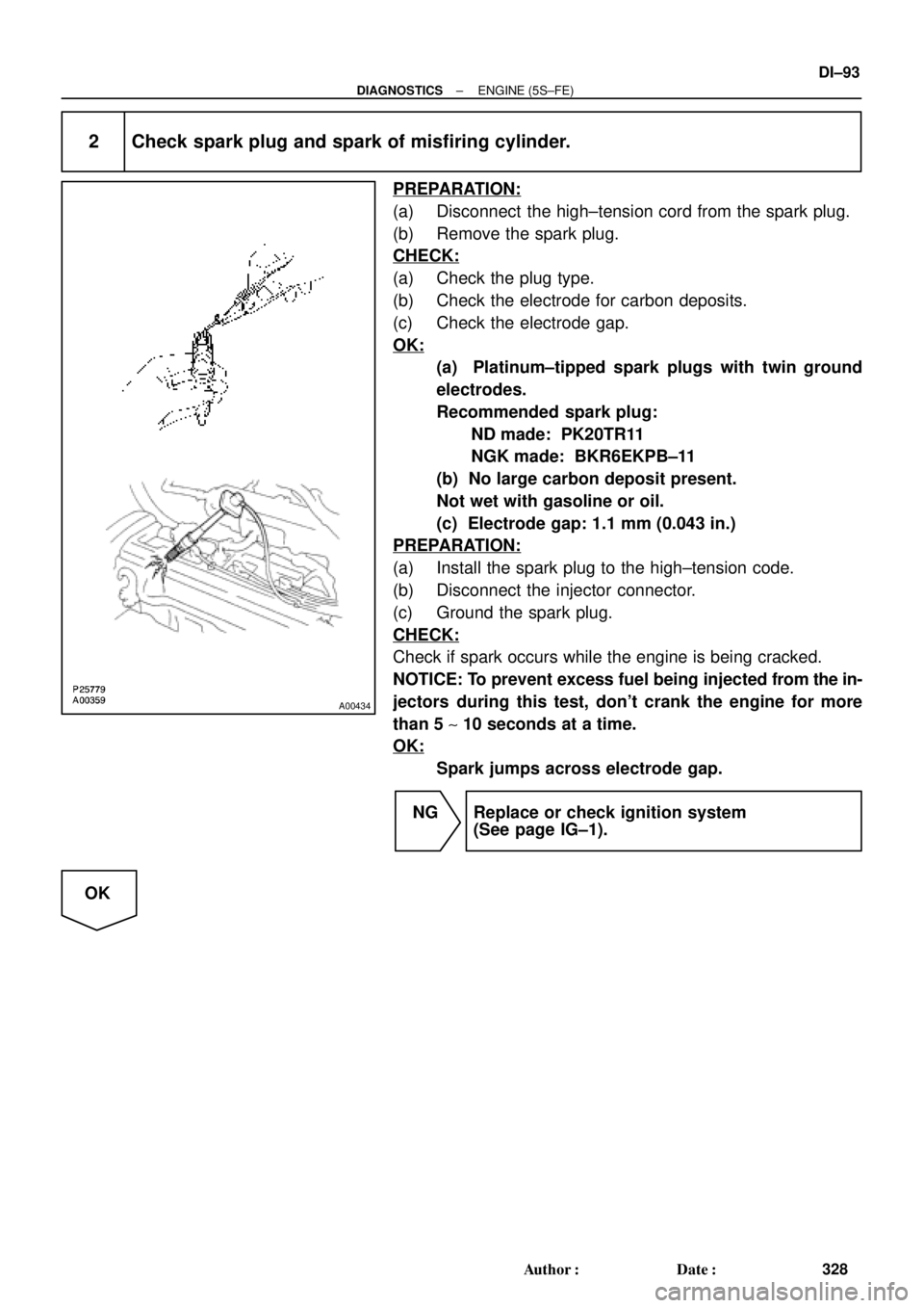 TOYOTA CAMRY 1999  Service Repair Manual A00434
± DIAGNOSTICSENGINE (5S±FE)
DI±93
328 Author: Date:
2 Check spark plug and spark of misfiring cylinder.
PREPARATION:
(a) Disconnect  the high±tension cord from the spark plug.
(b) Remove 