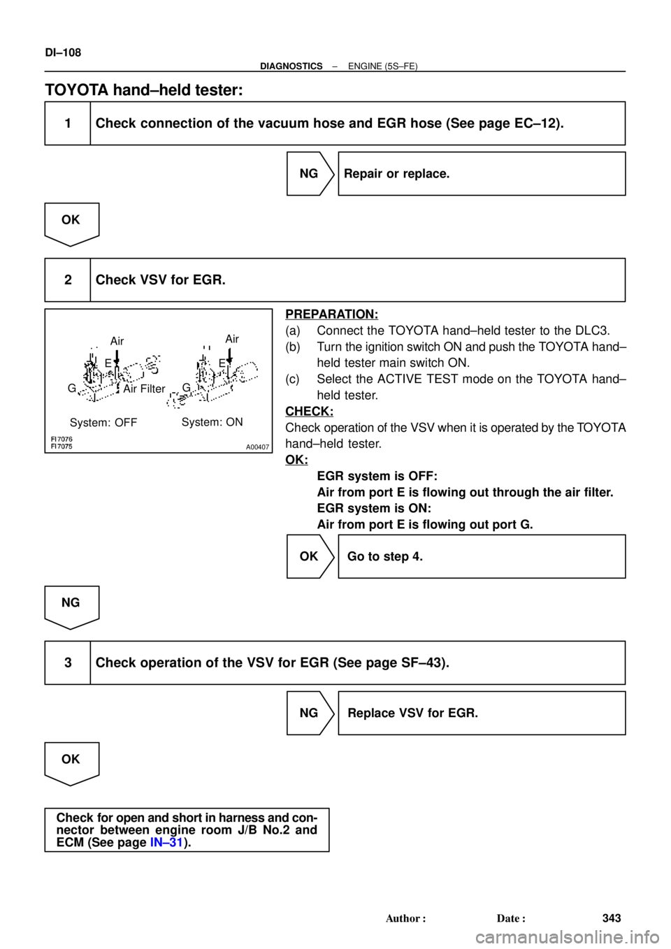 TOYOTA CAMRY 1999  Service Repair Manual A00407
Air
Air FilterAir
E
System: OFFSystem: ON GG E
DI±108
± DIAGNOSTICSENGINE (5S±FE)
343 Author: Date:
TOYOTA hand±held tester:
1 Check connection of the vacuum hose and EGR hose (See page E
