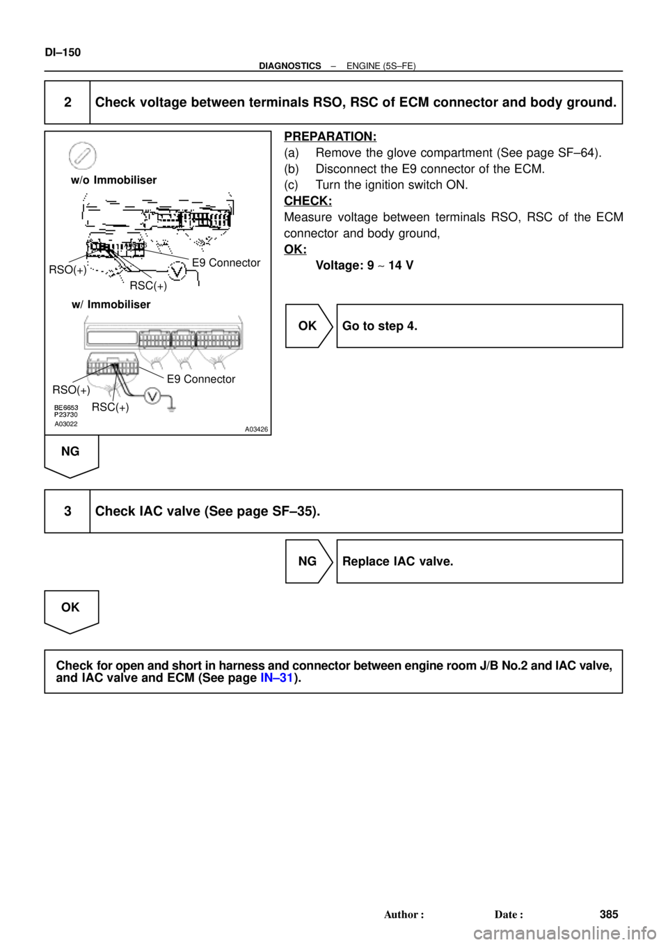 TOYOTA CAMRY 1999  Service Repair Manual A00416
A03022A03426
E9 Connector
RSC(+) RSO(+)
E9 Connector
RSO(+)
RSC(+) w/o Immobiliser
w/ Immobiliser
DI±150
± DIAGNOSTICSENGINE (5S±FE)
385 Author: Date:
2 Check voltage between terminals RSO