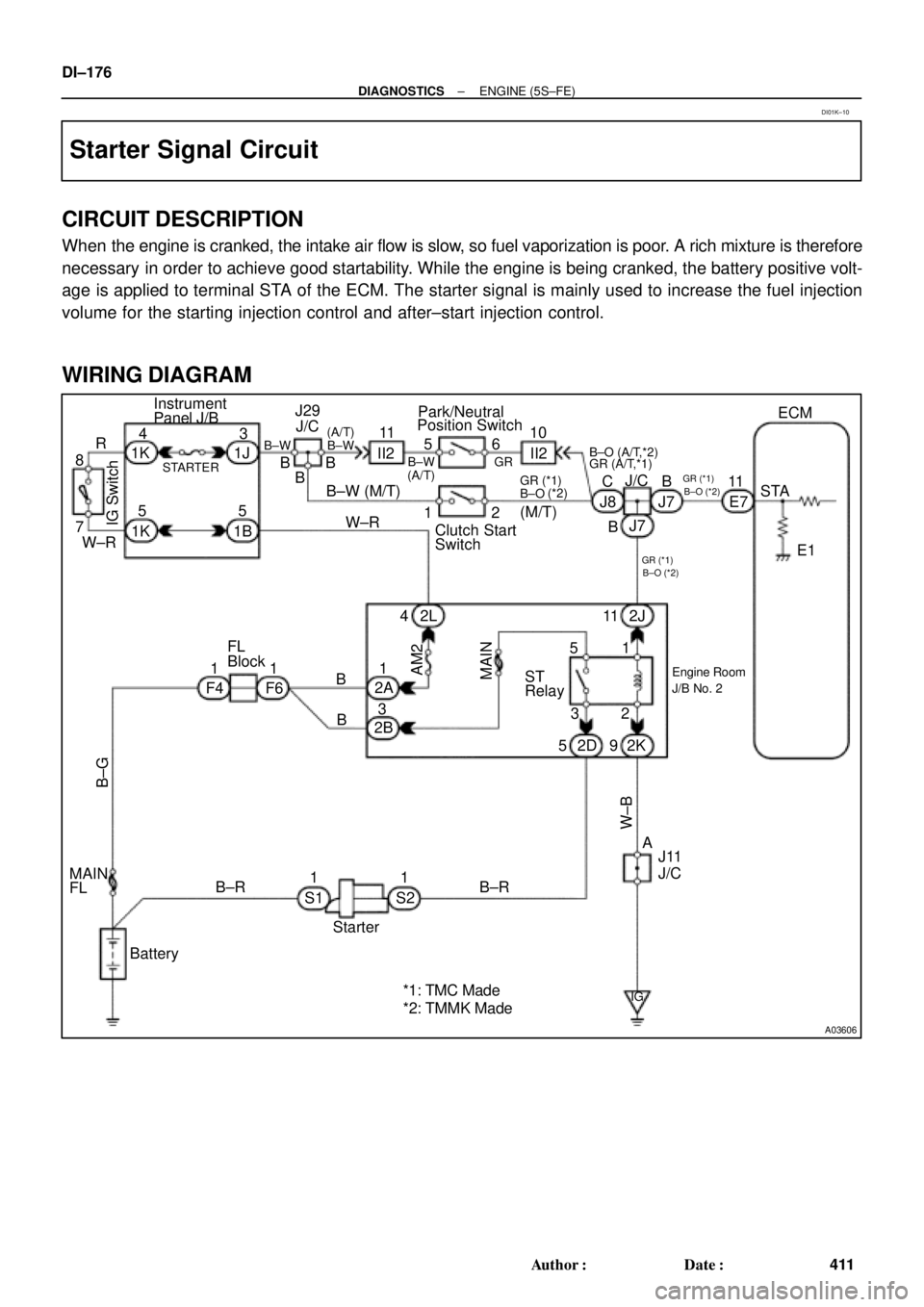 TOYOTA CAMRY 1999  Service Repair Manual A03606
ECM
STA 11
E1 E7 Instrument
Panel J/BPark/Neutral
Position Switch
Clutch Start
SwitchB
J7
J7
B J8CJ/C II2 10 11
II26
2
B±O
5
1 B±W (M/T)
GR B±W (A/T)
B±WB±O (A/T,*2)
GR (A/T,*1) B±W
J/C J