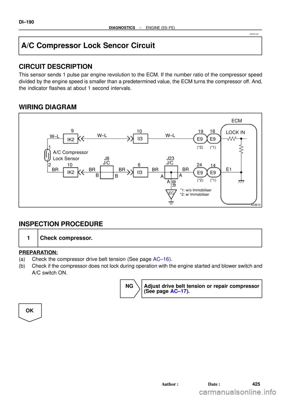 TOYOTA CAMRY 1999  Service Repair Manual A03610
9
W±L
IK2
E9 10
II3
E9 18
LOCK IN
E1 14
EC
BRJ23
IK2 10
BR 1
2A/C Compressor
Lock SensorECM
BR W±L W±L
B
B BRJ/C
AA
A
BR
II3 J8
6J/C
*1: w/o Immobiliser
*2: w/ Immobiliser(*1) (*2)
E919
BR
E