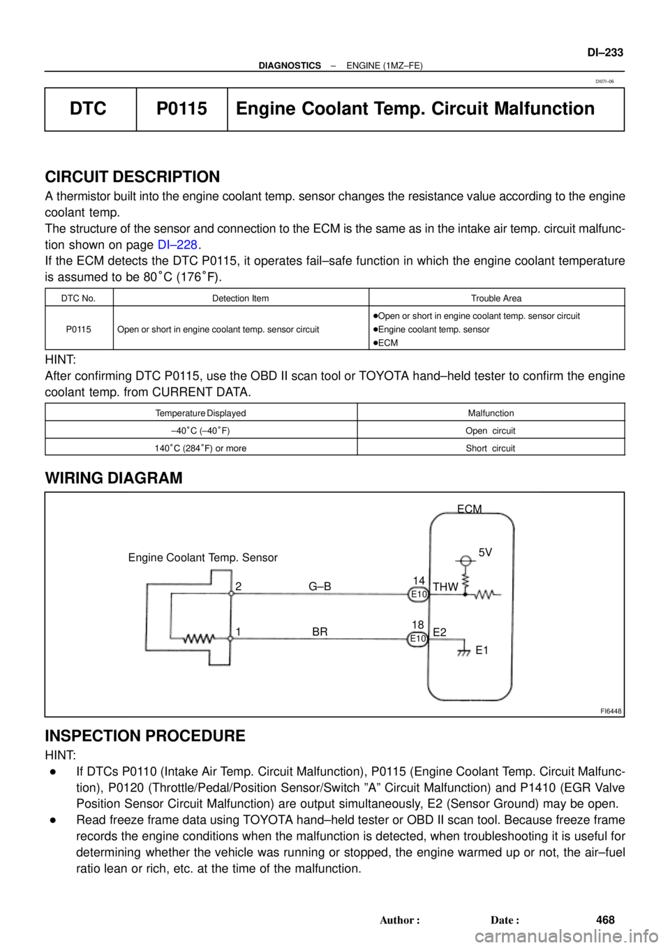 TOYOTA CAMRY 1999  Service Repair Manual FI6448
Engine Coolant Temp. SensorECM
5V
THW
E2
E1 2
1G±B
BR
E10
14
18
E10
± DIAGNOSTICSENGINE (1MZ±FE)
DI±233
468 Author: Date:
DTC P0115 Engine Coolant Temp. Circuit Malfunction
 
CIRCUIT DESC