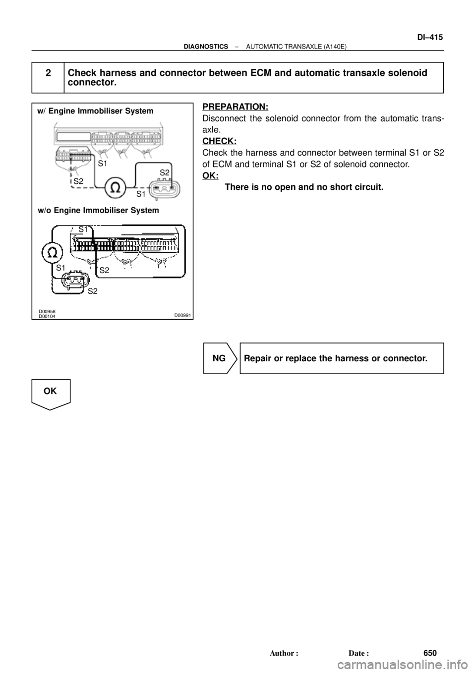 TOYOTA CAMRY 1999  Service Repair Manual D00104 D00958D00991
w/ Engine Immobiliser System
w/o Engine Immobiliser SystemS2S1
S1S2
S1
S2 S1
S2
± DIAGNOSTICSAUTOMATIC TRANSAXLE (A140E)
DI±415
650 Author: Date:
2 Check harness and connector 