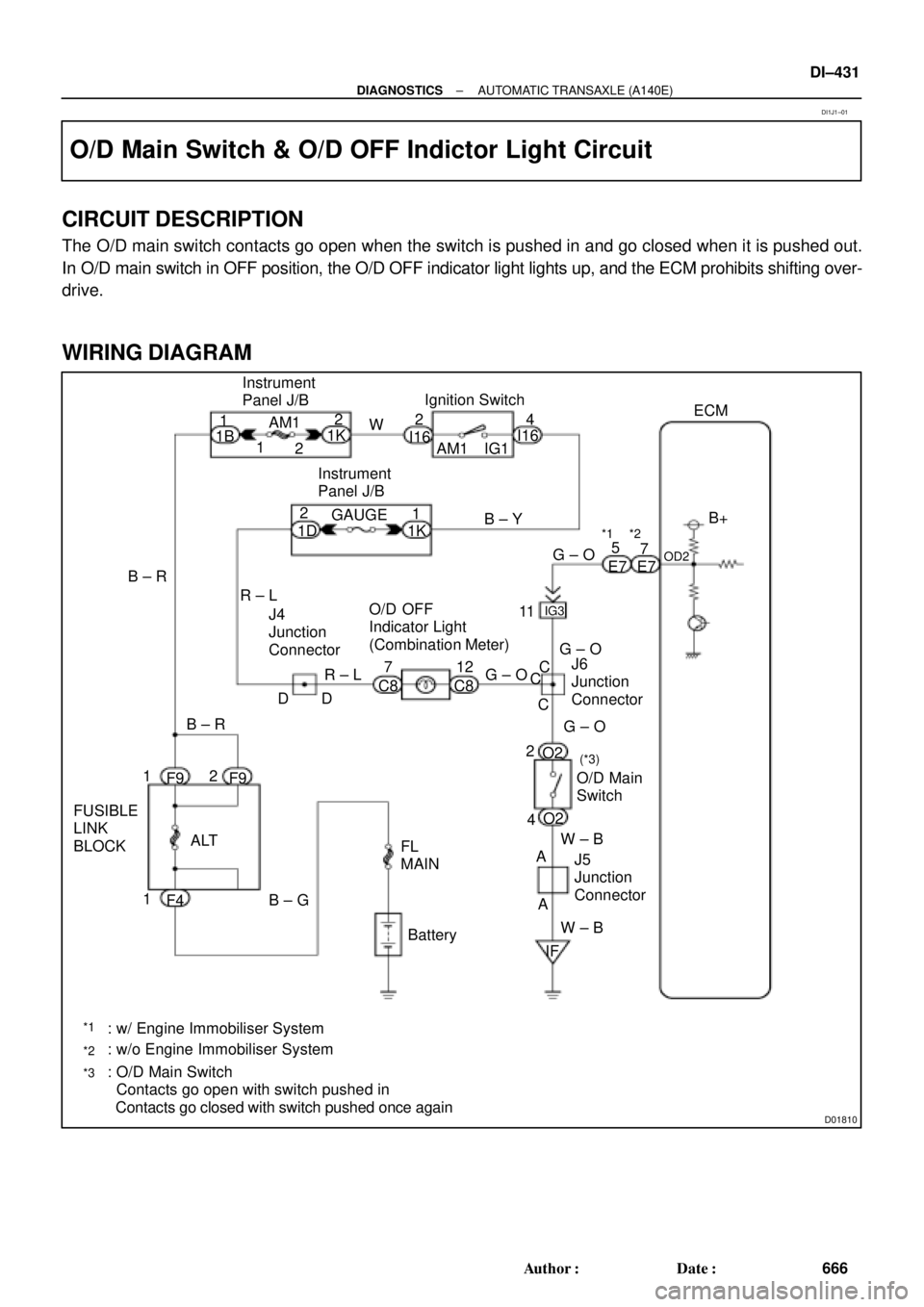 TOYOTA CAMRY 1999  Service Repair Manual D01810
: w/ Engine Immobiliser System
: w/o Engine Immobiliser System
: O/D Main Switch
  Contacts go open with switch pushed in
  Contacts go closed with switch pushed once againInstrument
Panel J/BI