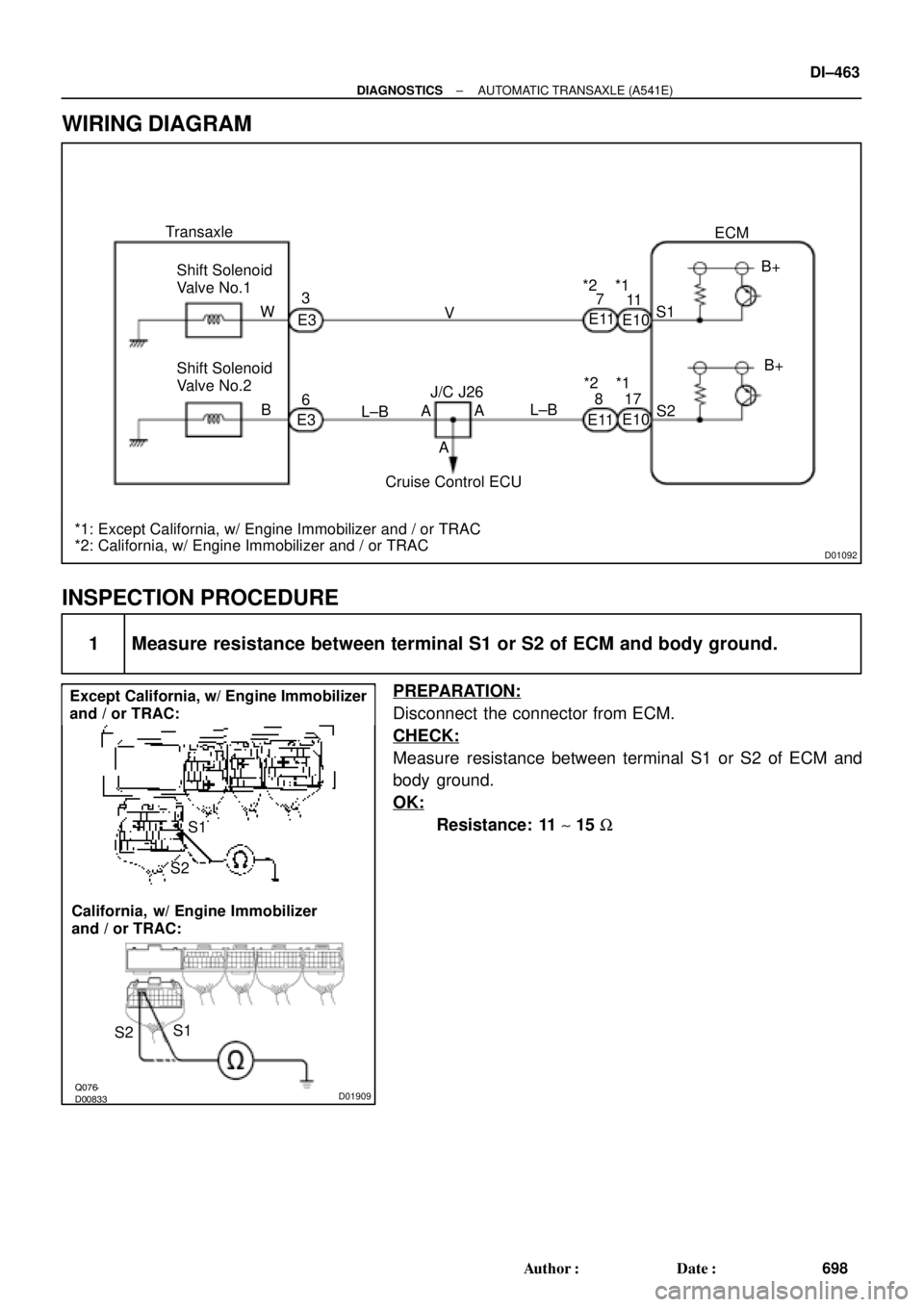 TOYOTA CAMRY 1999  Service Repair Manual D01092
Transaxle
*1: Except California, w/ Engine Immobilizer and / or TRAC
*2: California, w/ Engine Immobilizer and / or TRACShift Solenoid
Valve No.1
W3
6 E3
L±B BV
J/C J26
A*2 *1
Shift Solenoid
V