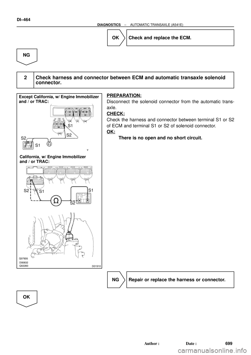 TOYOTA CAMRY 1999  Service Repair Manual D00832Q02283
Q07935
D01910
S1 S2
S1 S2S1
S2 S1 S2 California,  w/ Engine Immobilizer
and / or TRAC: Except California, w/ Engine Immobilizer
and / or TRAC:
DI±464
± DIAGNOSTICSAUTOMATIC TRANSAXLE (A