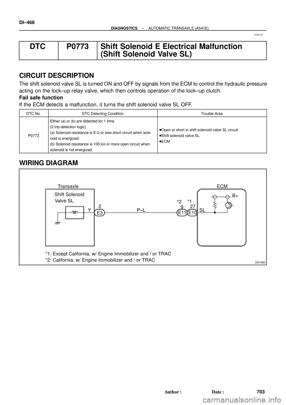 TOYOTA CAMRY 1999  Service Repair Manual D01093
Transaxle
Shift Solenoid
Valve SL
2
E3P±L
E10B+
SLECM
*1: Except California, w/ Engine Immobilizer and / or TRAC
*2: California, w/ Engine Immobilizer and / or TRACE11 *2*1
27
9
Y DI±468
± D