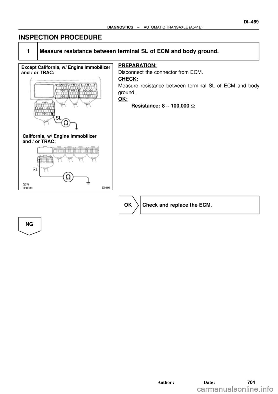 TOYOTA CAMRY 1999  Service Repair Manual Q07648D00839D01911
Except California, w/ Engine Immobilizer
and / or TRAC:
California,  w/ Engine Immobilizer
and / or TRAC:SL
SL
± DIAGNOSTICSAUTOMATIC TRANSAXLE (A541E)
DI±469
704 Author: Date:
