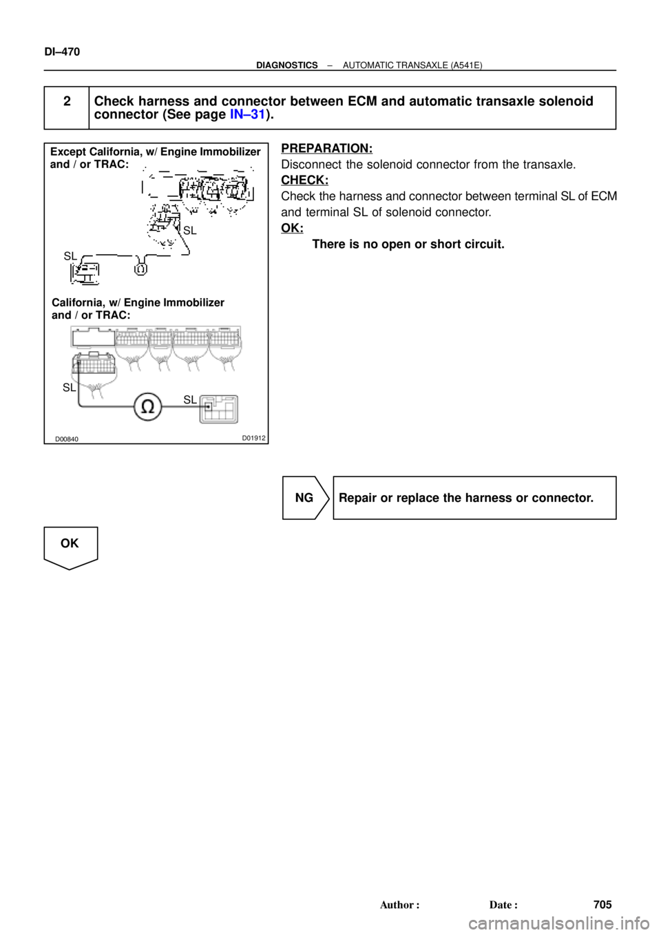 TOYOTA CAMRY 1999  Service Repair Manual Q07938D00840D01912
SL
SL
SL
SL Except California, w/ Engine Immobilizer
and / or TRAC:
California,  w/ Engine Immobilizer
and / or TRAC:
DI±470
± DIAGNOSTICSAUTOMATIC TRANSAXLE (A541E)
705 Author: 