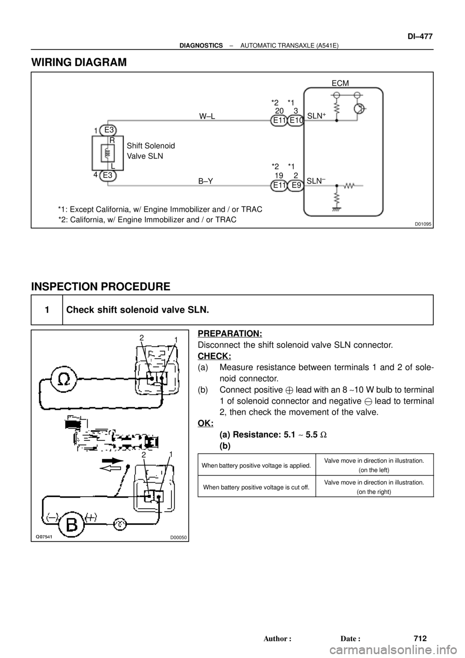 TOYOTA CAMRY 1999  Service Repair Manual D01095
Shift Solenoid
Valve SLN 1
4
B±YW±L3
2
SLN
±
SLN+
ECM
*1: Except California, w/ Engine Immobilizer and / or TRAC
*2: California, w/ Engine Immobilizer and / or TRAC*2 *1
E11
E3E10
E9 E3*2 *1