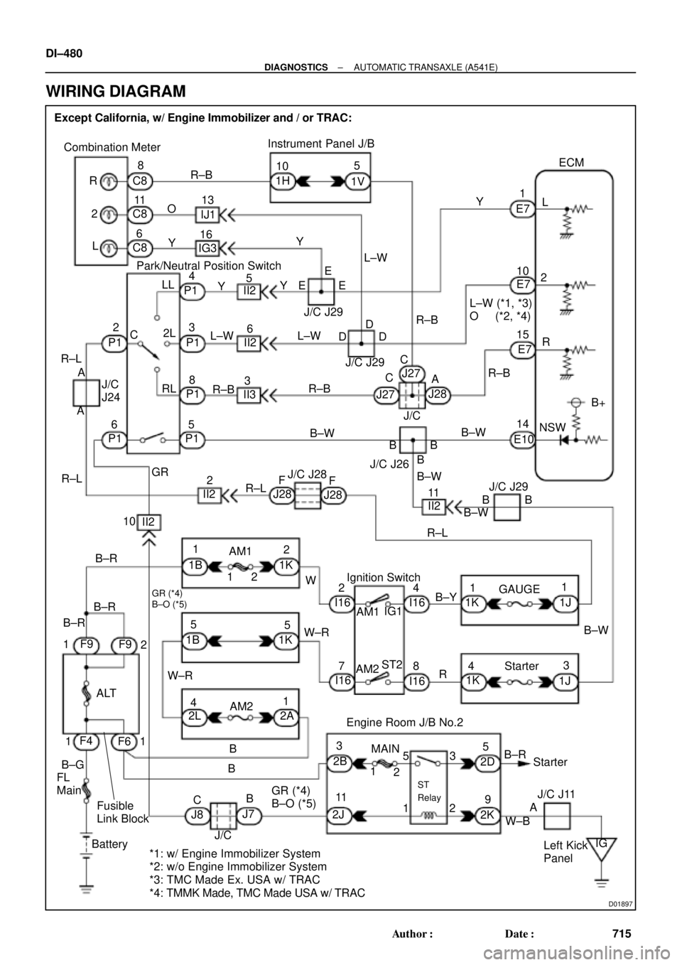 TOYOTA CAMRY 1999  Service Repair Manual D01897
Combination Meter
Ignition Switch Except California, w/ Engine Immobilizer and / or TRAC:
R
2
L8
11
6 C8
13
165
R±B
L±W YIJ1
IG310
1H
1VECM
1
E7
B+ 4
II2 P1
II3D J/C J2910 C8
C8O
Y
R±BY
R 2L