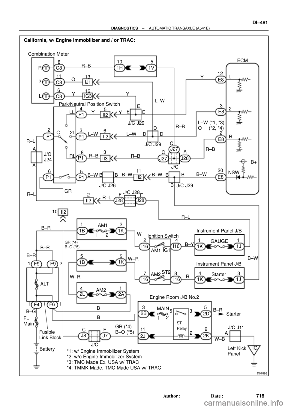 TOYOTA CAMRY 1999  Service Repair Manual D01898
Combination Meter
Ignition Switch California,  w/ Engine Immobilizer and / or TRAC:
R
2
L8
11
6 C8
13
165
R±B
L±W YIJ1
IG310
1H 1VECM
12
B+ 4
II2 P1
II3D J/C J29 C8
C8O
Y
R±BY
R 2 L
II2
P1
P