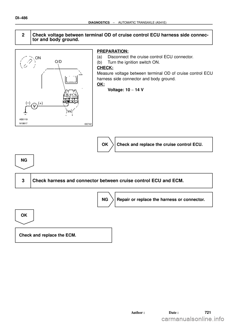 TOYOTA CAMRY 1999  Service Repair Manual AB0119
N19917
I00742
ON
O/D
(±)
(+)
DI±486
± DIAGNOSTICSAUTOMATIC TRANSAXLE (A541E)
721 Author: Date:
2 Check voltage between terminal OD of cruise control ECU harness side connec-
tor and body g