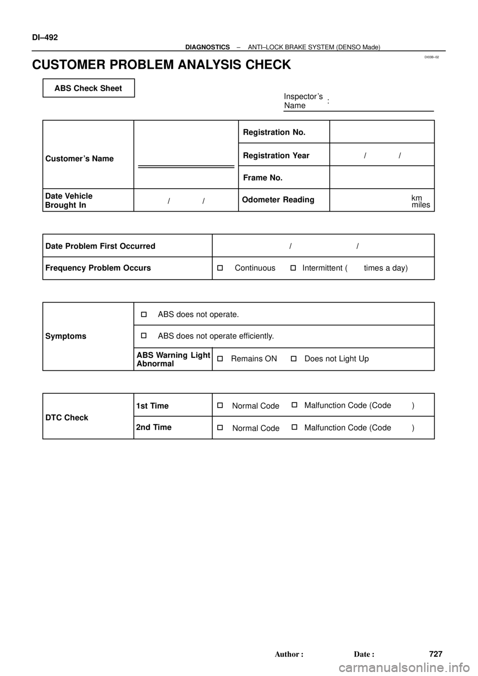TOYOTA CAMRY 1999  Service Repair Manual DI03B±02
ABS Check Sheet
Inspector s
Name:
Customer s Name
Date Vehicle
Brought InRegistration Year Registration No.
Frame No.
Odometer Reading/              /
/              /
Date Problem First O