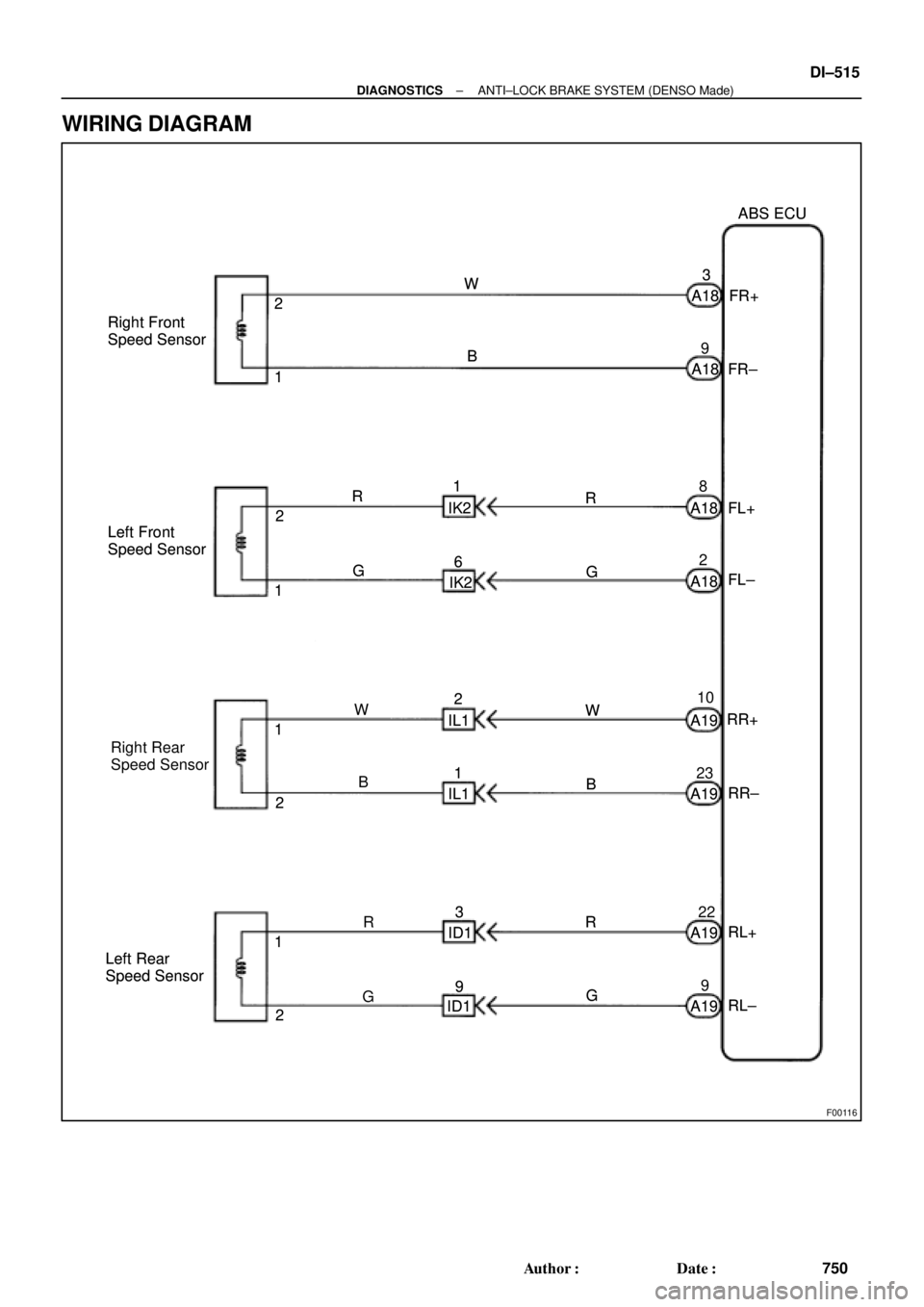 TOYOTA CAMRY 1999  Service Repair Manual F00116
Right Front 
Speed Sensor
Left Front 
Speed Sensor
Right Rear 
Speed Sensor
Left Rear 
Speed Sensor2
1A18
A19 12
1
2
2 1A18
A18
A18
A19
A19
A19ABS ECU
W
B
R
G
B
G RB WG R
IK2
IL1
ID1IK2
ID1 IL1