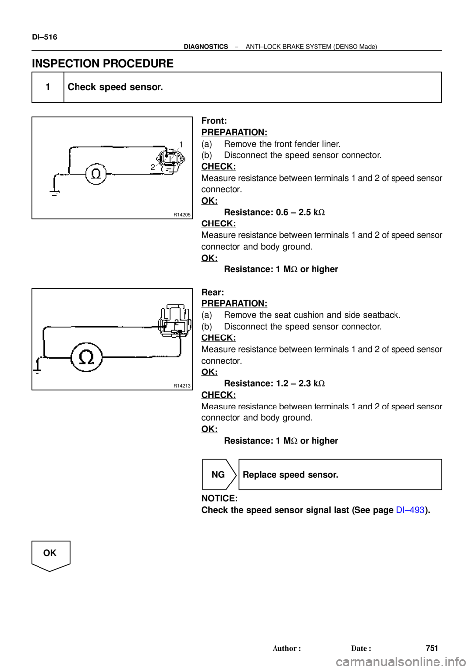TOYOTA CAMRY 1999  Service Repair Manual R14205
1
2
R14213
12 12
12
12
12
1212
DI±516
± DIAGNOSTICSANTI±LOCK BRAKE SYSTEM (DENSO Made)
751 Author: Date:
INSPECTION PROCEDURE
1 Check speed sensor.
Front:
PREPARATION:
(a) Remove the front
