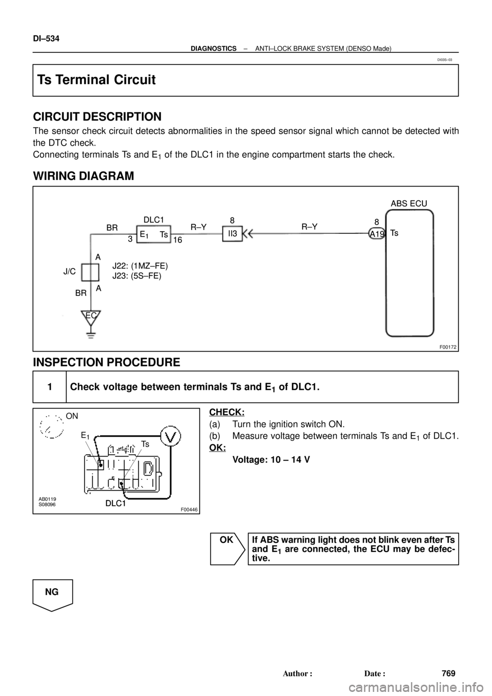 TOYOTA CAMRY 1999  Service Repair Manual F00172
J/C
EC BRA
ABR
3
16 DLC1
Ts E
1
R±Y
II38
R±Y
A198
TsABS ECU
J22: (1MZ±FE)
J23: (5S±FE)
J/C
BRA
ABR
3
16 DLC1
Ts E
1
R±Y
II38
R±Y
A198
TsABS ECU
J22: (1MZ±FE)
J23: (5S±FE)
AB0119S08096
F