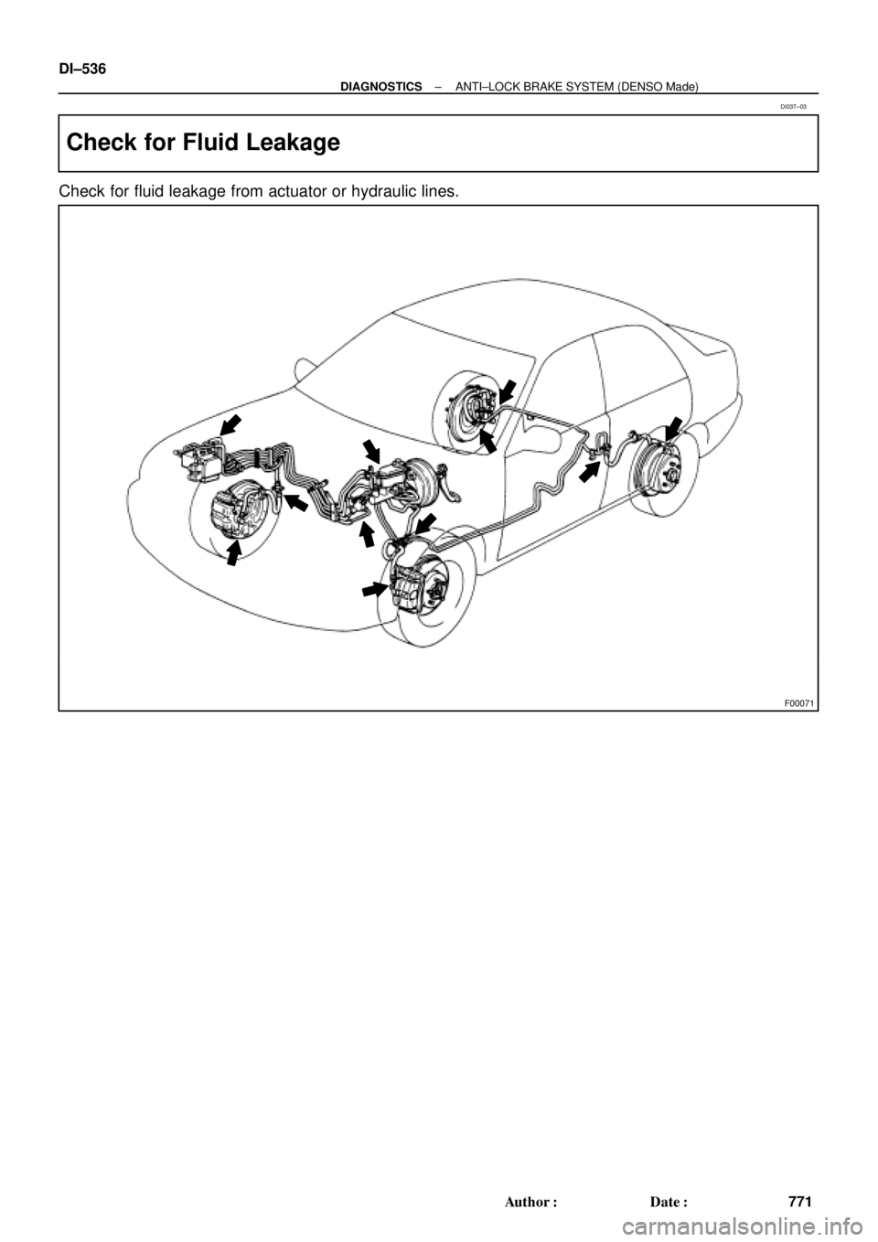 TOYOTA CAMRY 1999  Service Repair Manual F00071
DI±536
± DIAGNOSTICSANTI±LOCK BRAKE SYSTEM (DENSO Made)
771 Author: Date:
Check for Fluid Leakage
Check for fluid leakage from actuator or hydraulic lines.
DI03T±03 