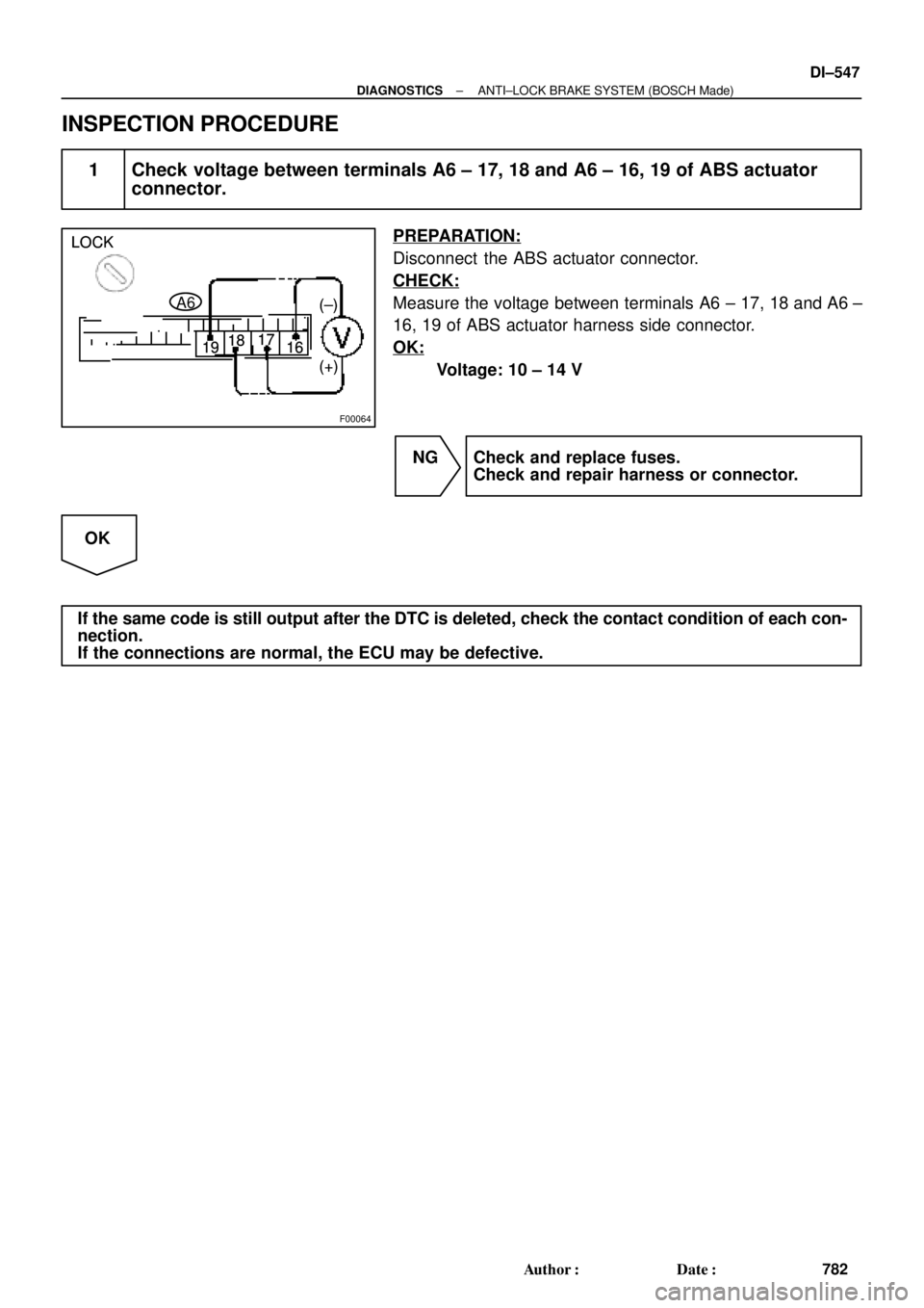 TOYOTA CAMRY 1999  Service Repair Manual F00064
LOCK
191817
16
(+) (±) LOCK
191817
16
(+) (±)
A6 LOCK
191817
16
(+) (±)
± DIAGNOSTICSANTI±LOCK BRAKE SYSTEM (BOSCH Made)
DI±547
782 Author: Date:
INSPECTION PROCEDURE
1 Check voltage be