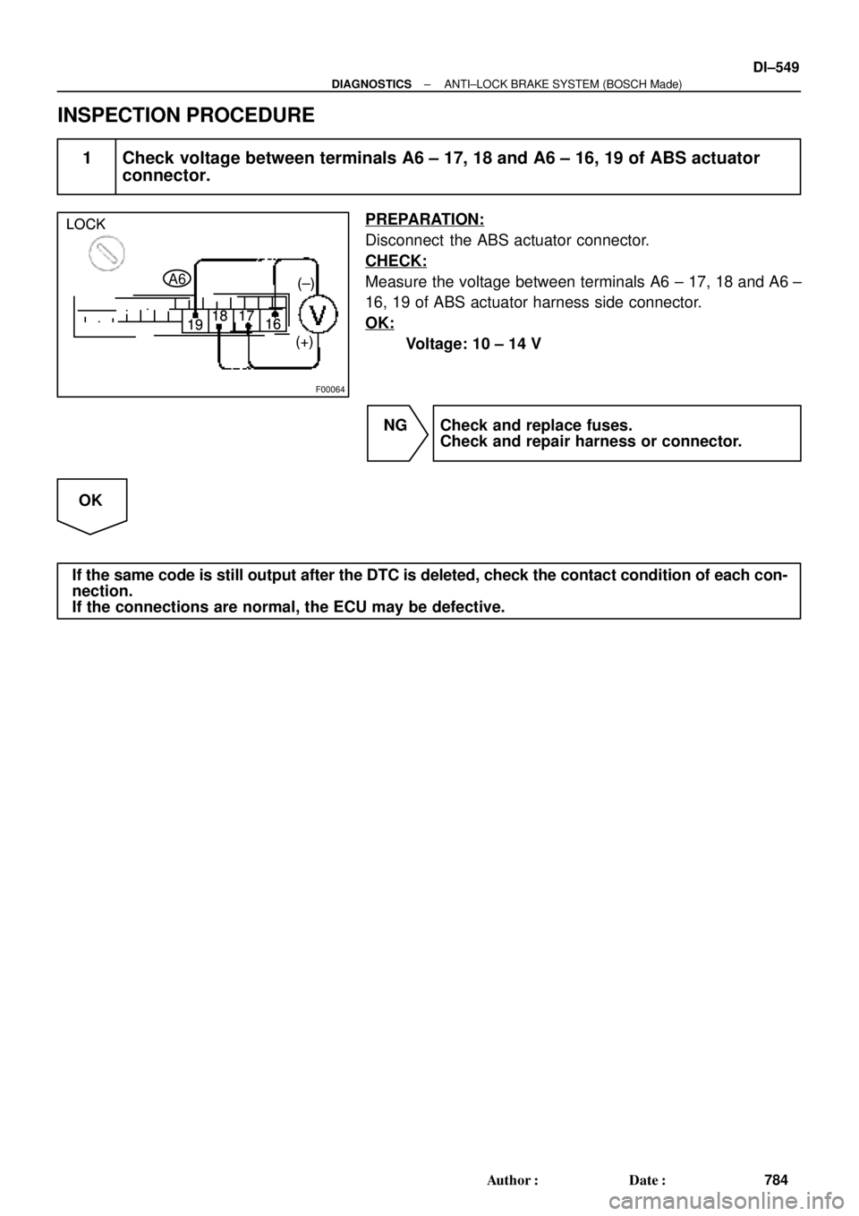 TOYOTA CAMRY 1999  Service Repair Manual F00064
LOCK
1918 17
16
(+)(±) LOCK
1918 17
16
(+)(±)
A6 LOCK
1918 17
16
(+)(±)
± DIAGNOSTICSANTI±LOCK BRAKE SYSTEM (BOSCH Made)
DI±549
784 Author: Date:
INSPECTION PROCEDURE
1 Check voltage be