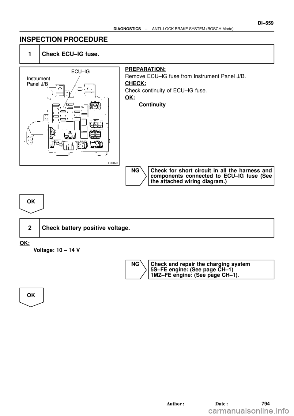 TOYOTA CAMRY 1999  Service Repair Manual F00073
ECU±IG
Instrument 
Panel J/BECU±IG
Instrument 
Panel J/BECU±IG
Instrument 
Panel J/B
± DIAGNOSTICSANTI±LOCK BRAKE SYSTEM (BOSCH Made)
DI±559
794 Author: Date:
INSPECTION PROCEDURE
1 Che