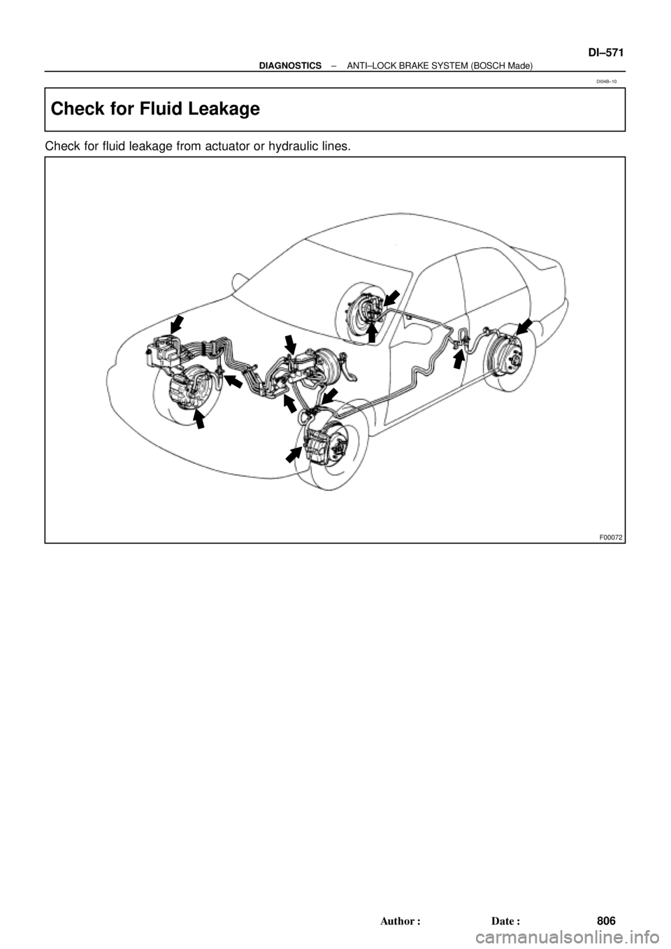 TOYOTA CAMRY 1999  Service Repair Manual F00072
± DIAGNOSTICSANTI±LOCK BRAKE SYSTEM (BOSCH Made)
DI±571
806 Author: Date:
Check for Fluid Leakage
Check for fluid leakage from actuator or hydraulic lines.
DI04B±10 
