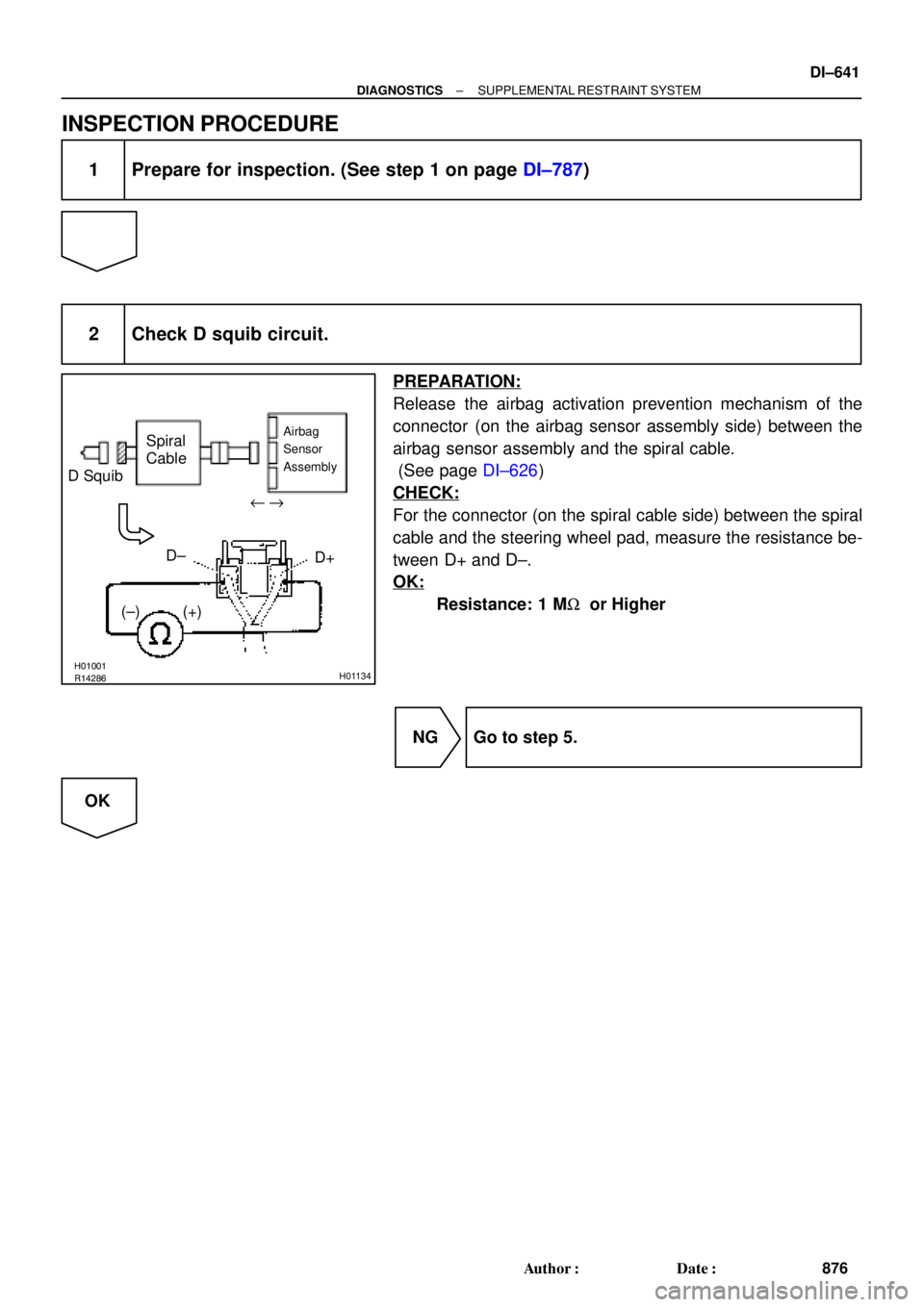 TOYOTA CAMRY 1999  Service Repair Manual R14286H01001H01134
D SquibSpiral
Cable
Airbag
Sensor
Assembly
D+ u"
(±) (+)D±
± DIAGNOSTICSSUPPLEMENTAL RESTRAINT SYSTEM
DI±641
876 Author: Date:
INSPECTION PROCEDURE
1 Prepare for inspection. (