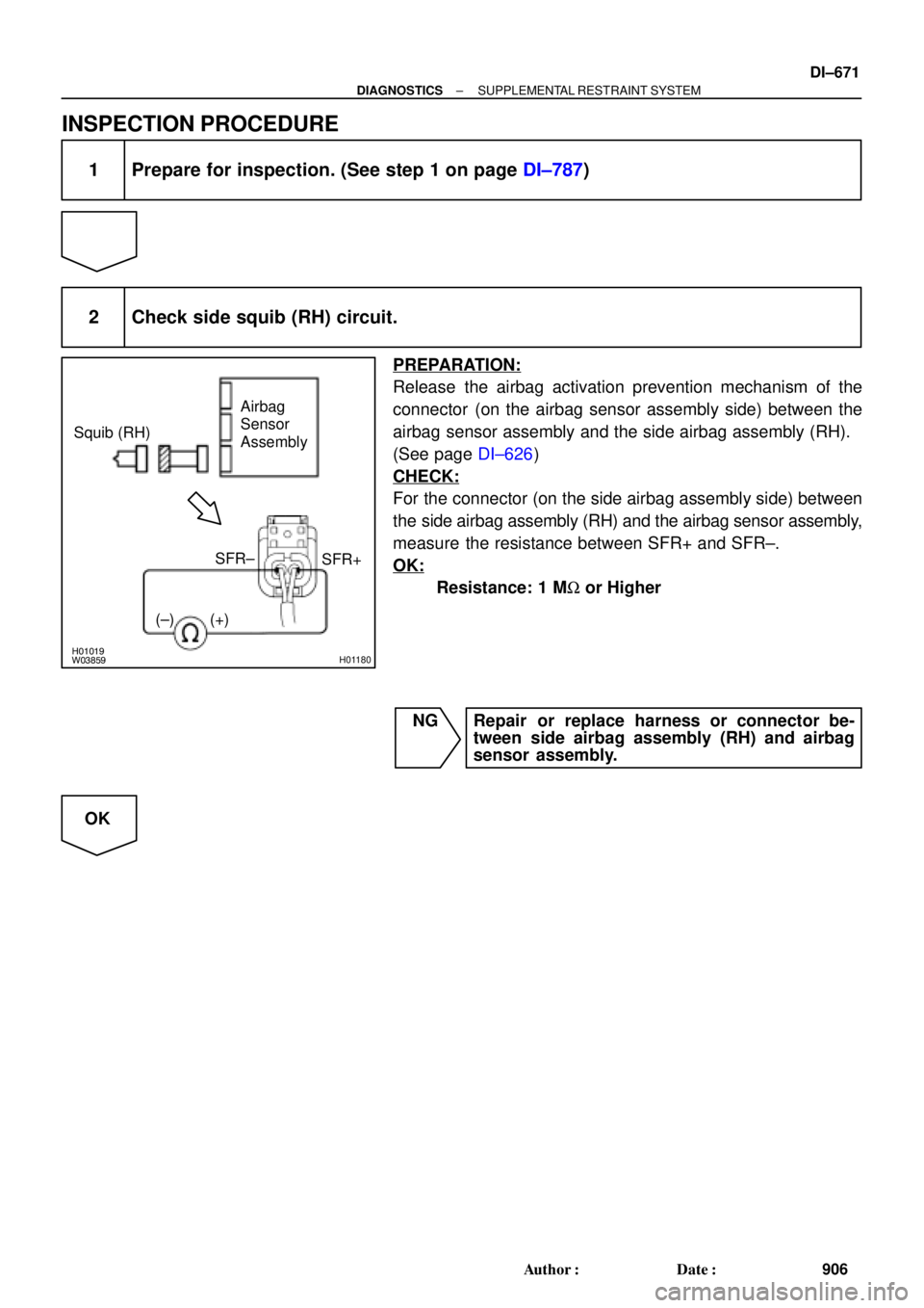 TOYOTA CAMRY 1999  Service Repair Manual H01019W03859H01180
Squib (RH)Airbag
Sensor
Assembly
SFR+
(±) (+)SFR±
± DIAGNOSTICSSUPPLEMENTAL RESTRAINT SYSTEM
DI±671
906 Author: Date:
INSPECTION PROCEDURE
1 Prepare for inspection. (See step 